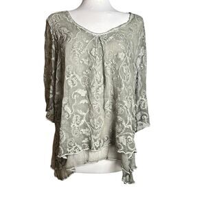Gretty ZUEGER Silk Embroidered Flowy Romantic Boxy 3/4 Sleeve Ruffle Sage M NWOT
